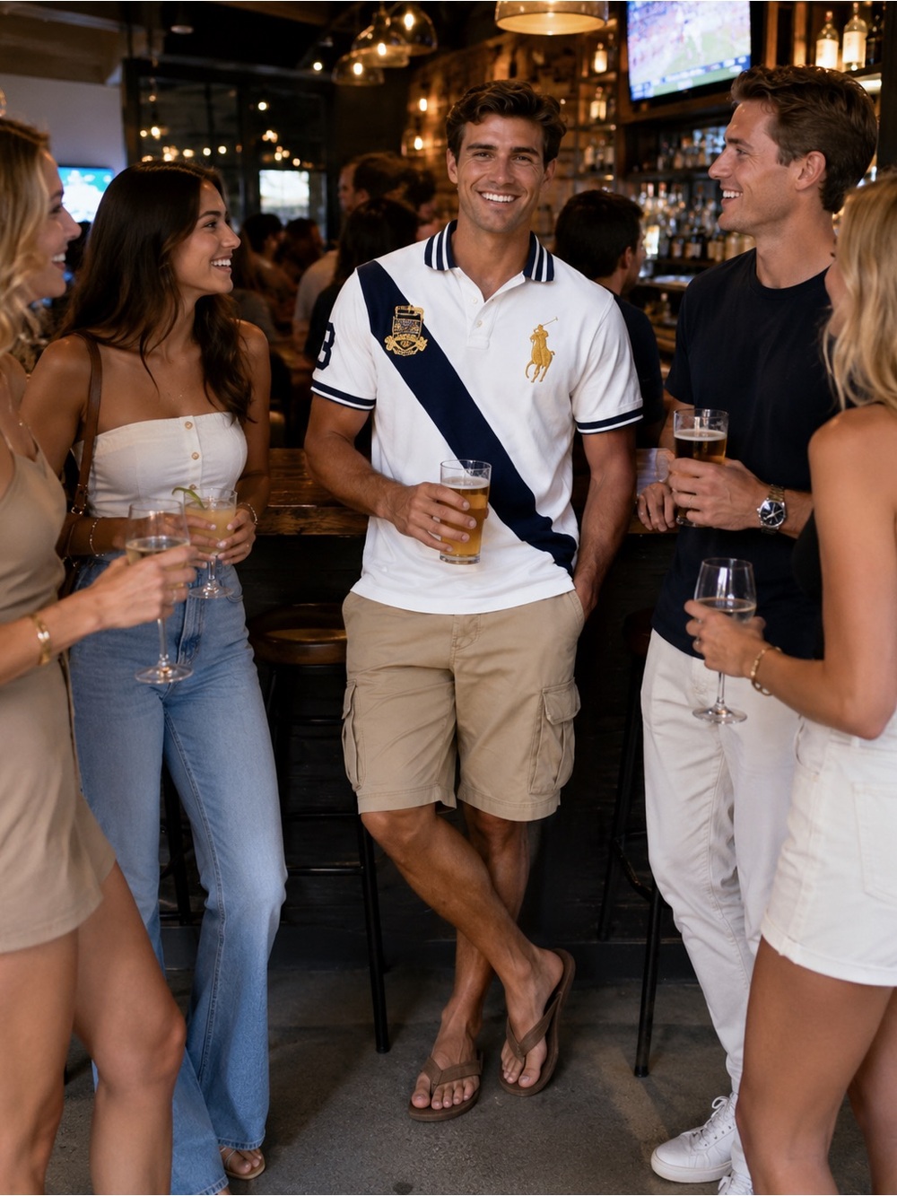 Polo by Ralph Lauren White and Navy Custom Slim Fit Polo Shirt L